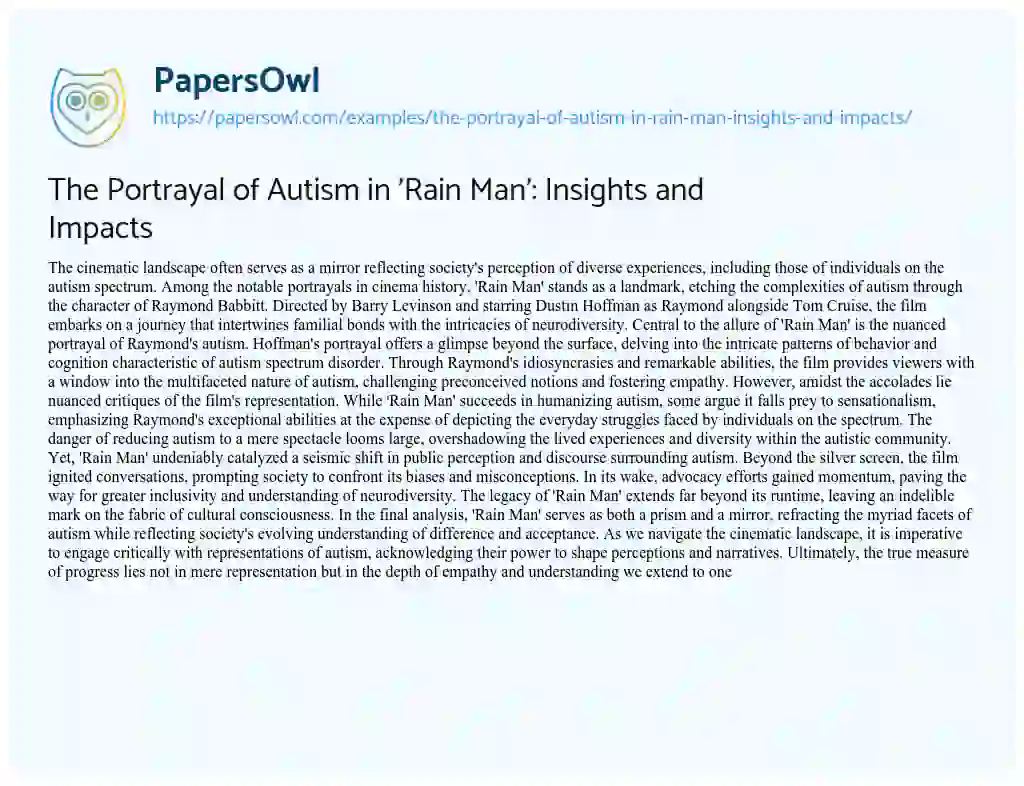 Essay on The Portrayal of Autism in ‘Rain Man’: Insights and Impacts