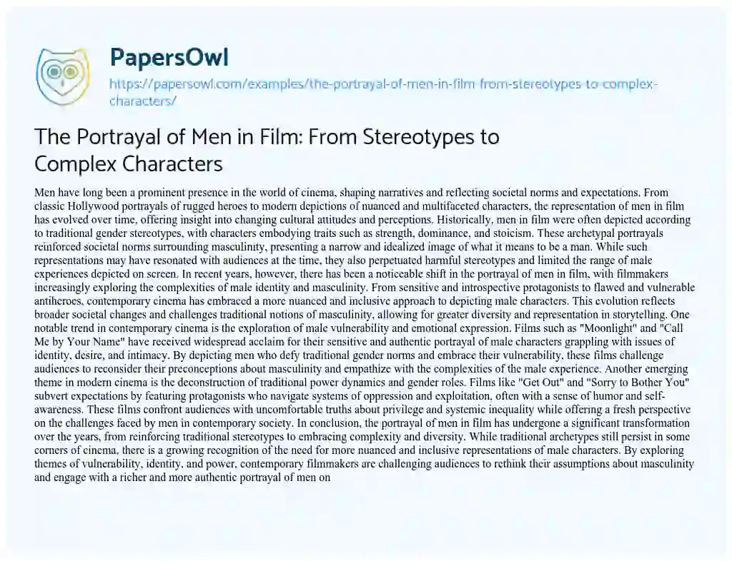 Essay on The Portrayal of Men in Film: from Stereotypes to Complex Characters