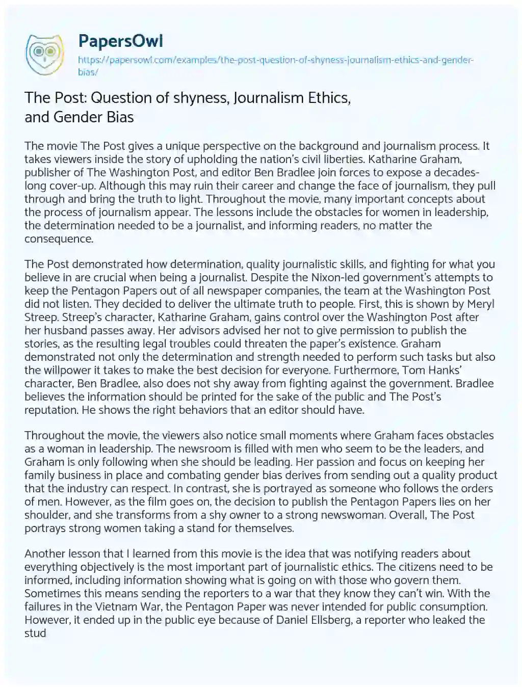 Essay on The Post: Question of Shyness, Journalism Ethics, and Gender Bias