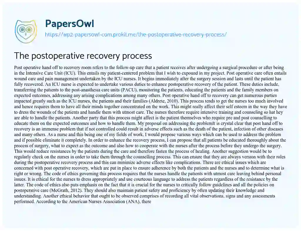 Essay on The Postoperative Recovery Process