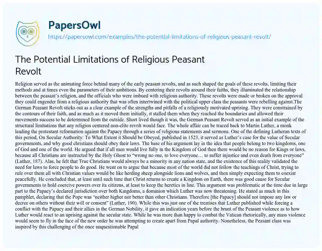 Essay on The Potential Limitations of Religious Peasant Revolt
