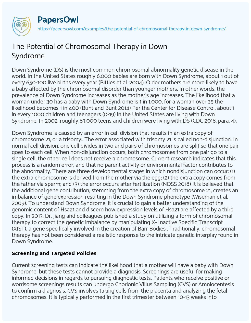 Essay on The Potential of Chromosomal Therapy in down Syndrome