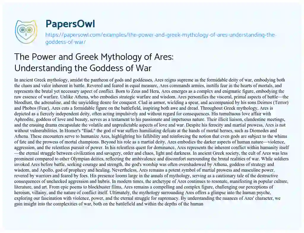 Essay on The Power and Greek Mythology of Ares: Understanding the Goddess of War