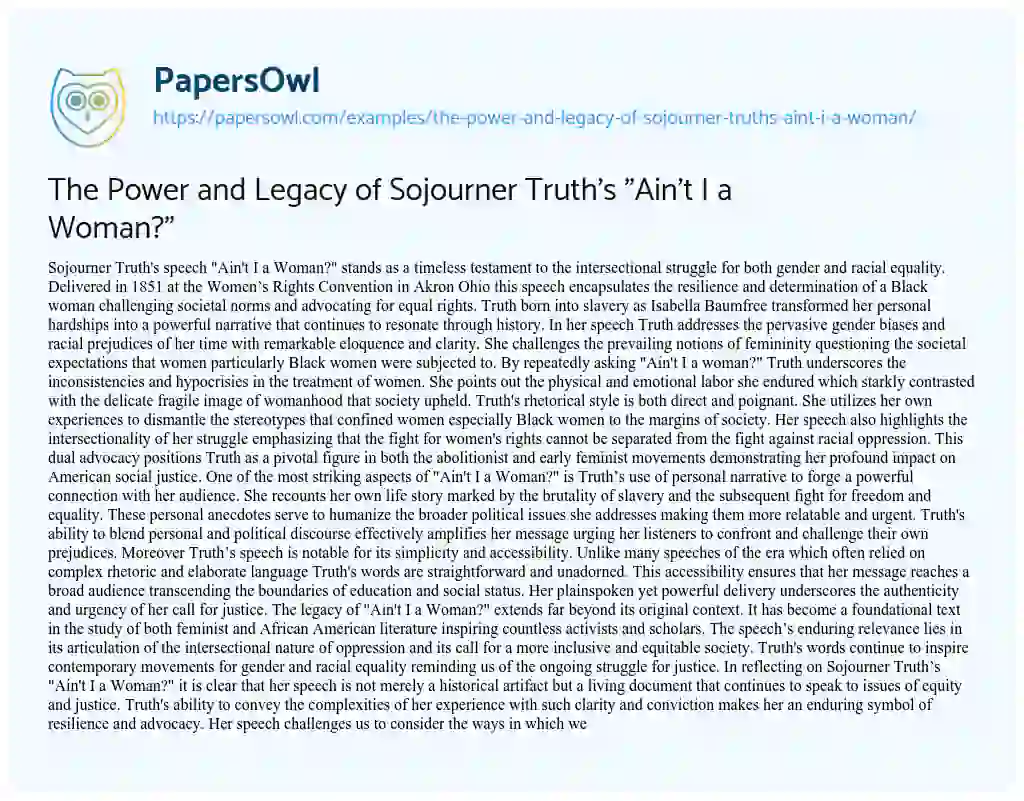 Essay on The Power and Legacy of Sojourner Truth’s “Ain’t i a Woman?”