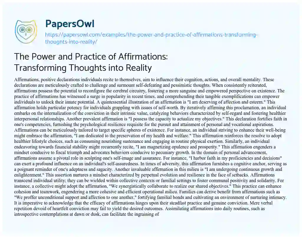 Essay on The Power and Practice of Affirmations: Transforming Thoughts into Reality