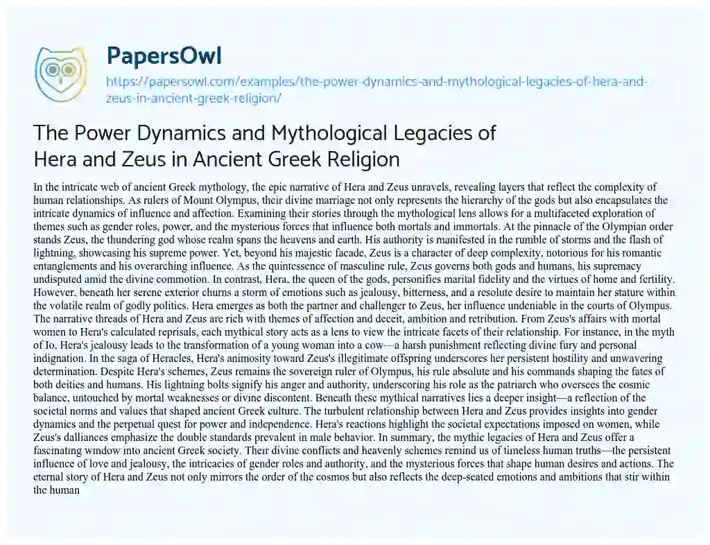 Essay on The Power Dynamics and Mythological Legacies of Hera and Zeus in Ancient Greek Religion