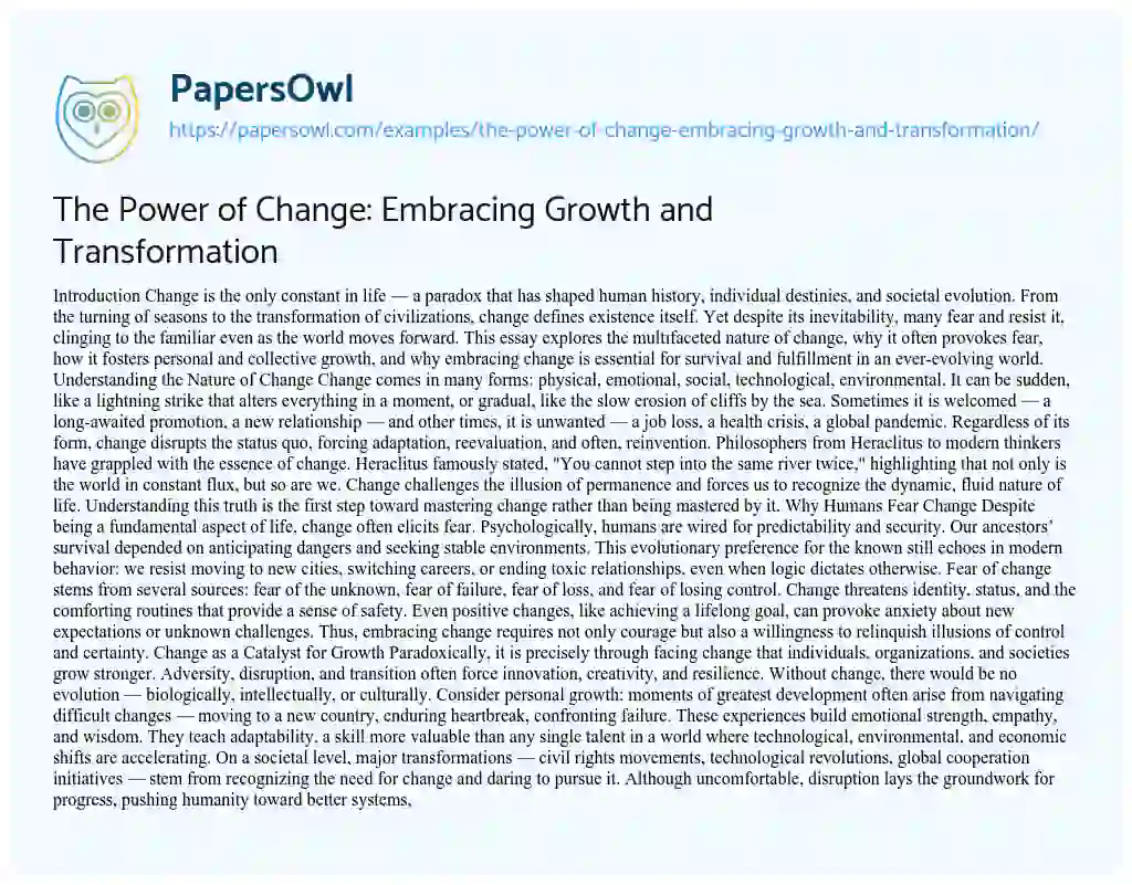 Essay on The Power of Change: Embracing Growth and Transformation