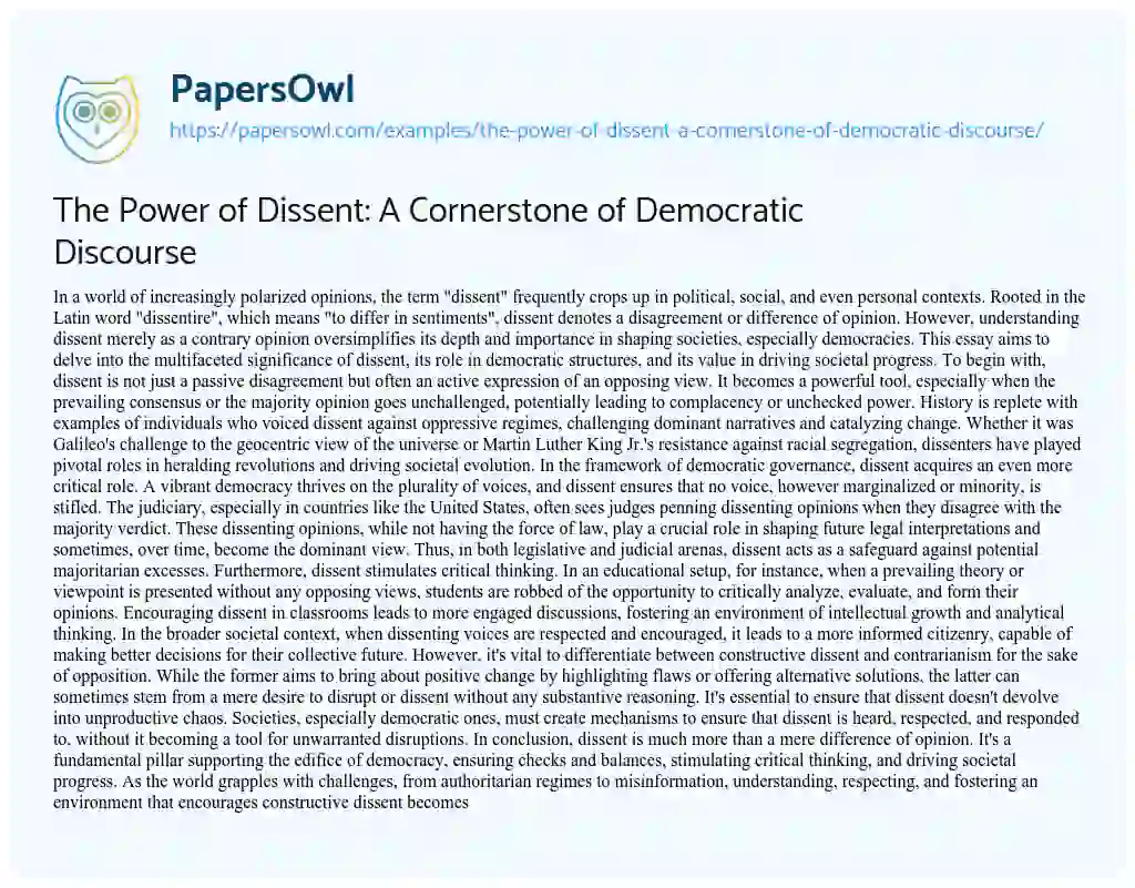 Essay on The Power of Dissent: a Cornerstone of Democratic Discourse