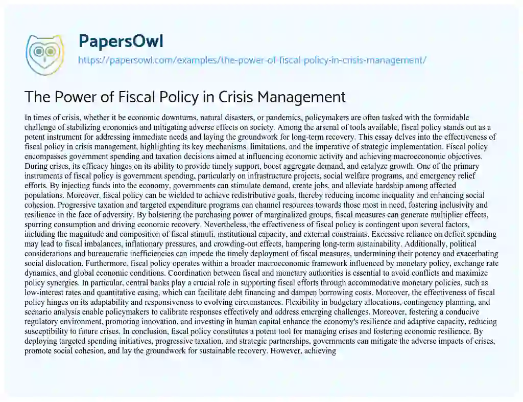 Essay on The Power of Fiscal Policy in Crisis Management