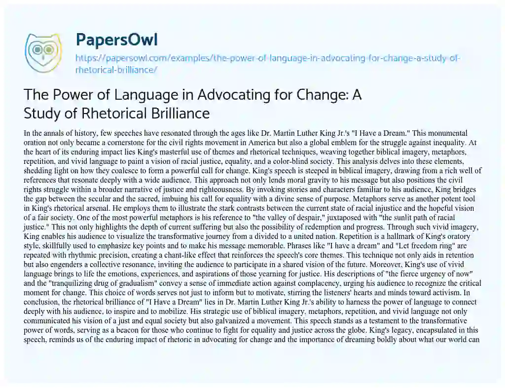 Essay on The Power of Language in Advocating for Change: a Study of Rhetorical Brilliance