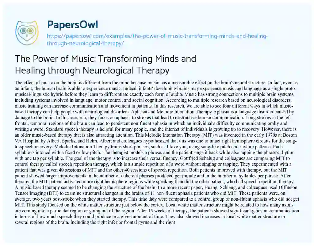Essay on The Power of Music: Transforming Minds and Healing through Neurological Therapy