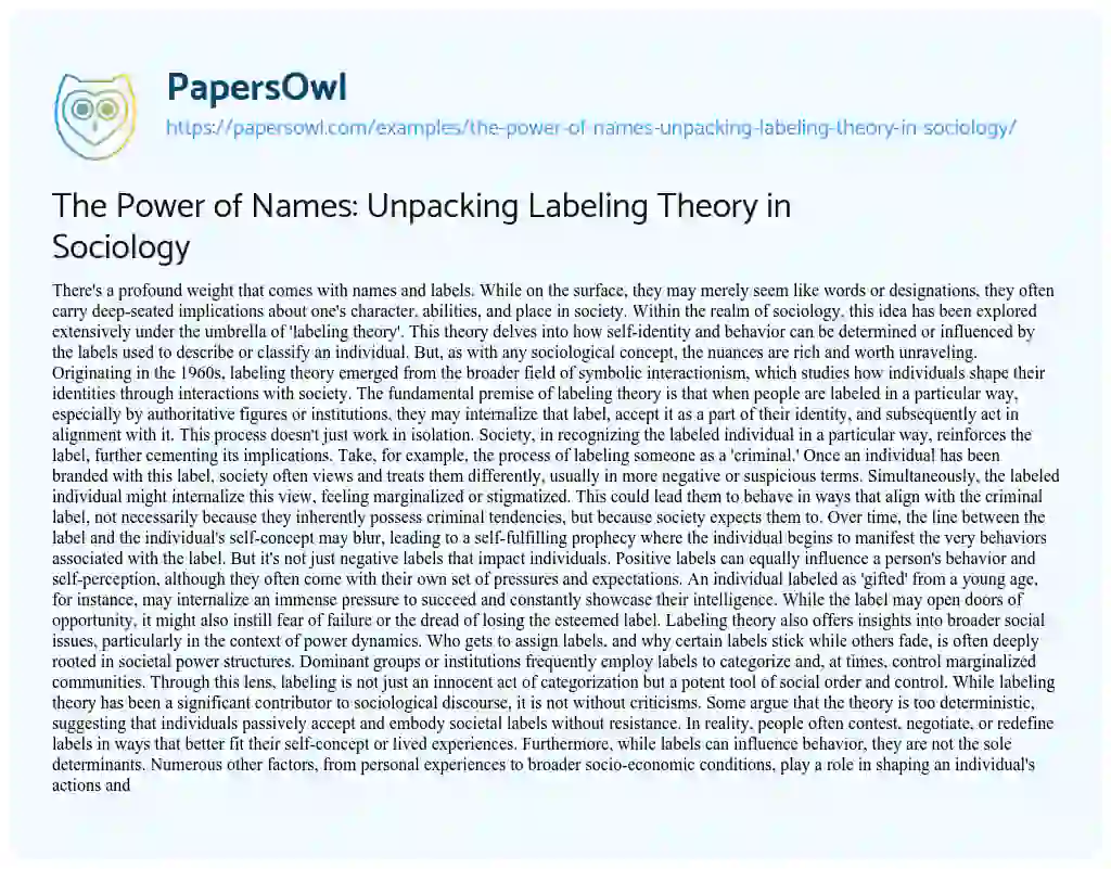 Essay on The Power of Names: Unpacking Labeling Theory in Sociology