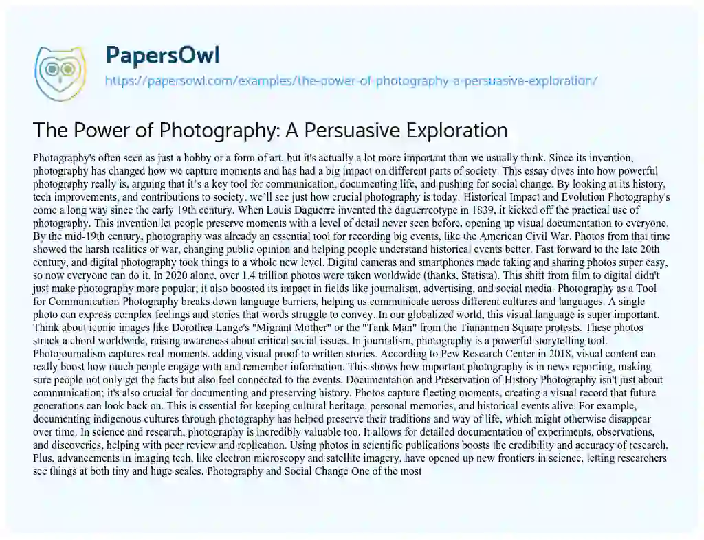 Essay on The Power of Photography: a Persuasive Exploration