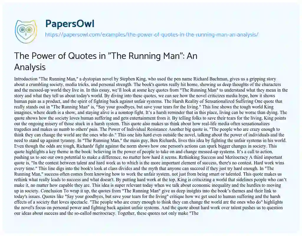 Essay on The Power of Quotes in “The Running Man”: an Analysis