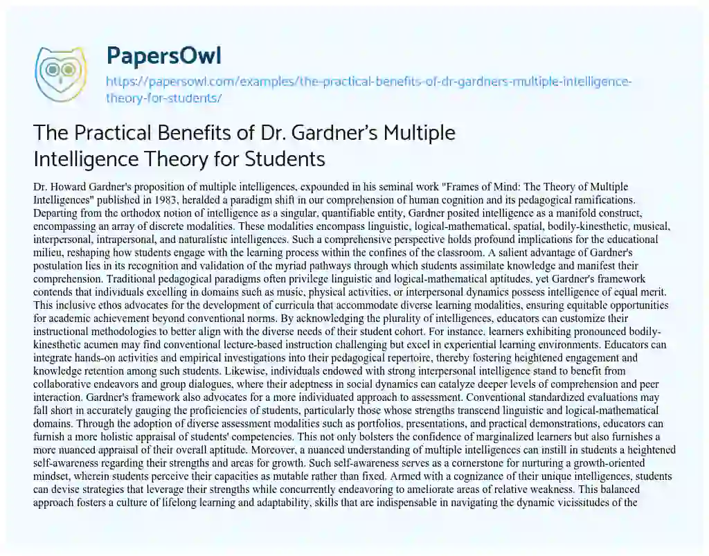 Essay on The Practical Benefits of Dr. Gardner’s Multiple Intelligence Theory for Students