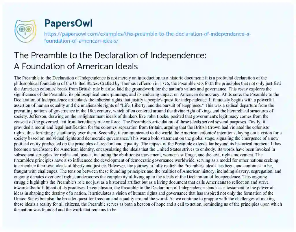 Essay on The Preamble to the Declaration of Independence: a Foundation of American Ideals