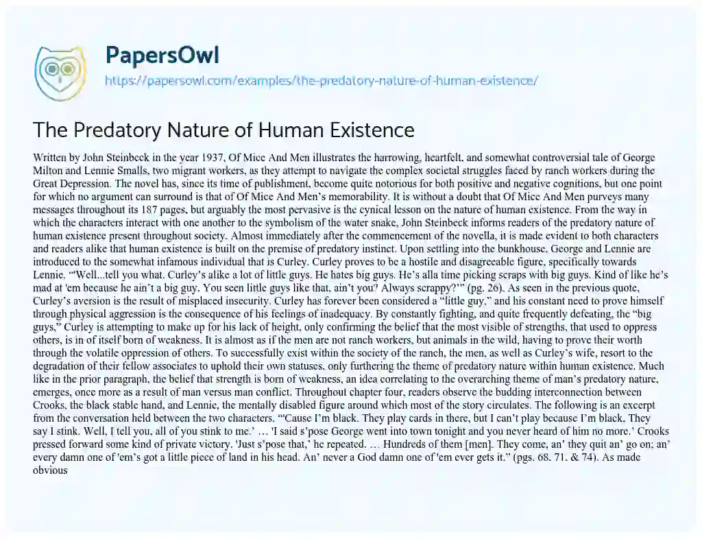 Essay on The Predatory Nature of Human Existence