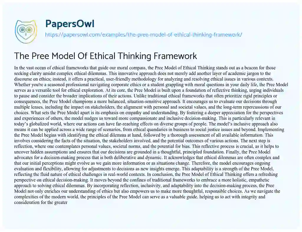 Essay on The Pree Model of Ethical Thinking Framework