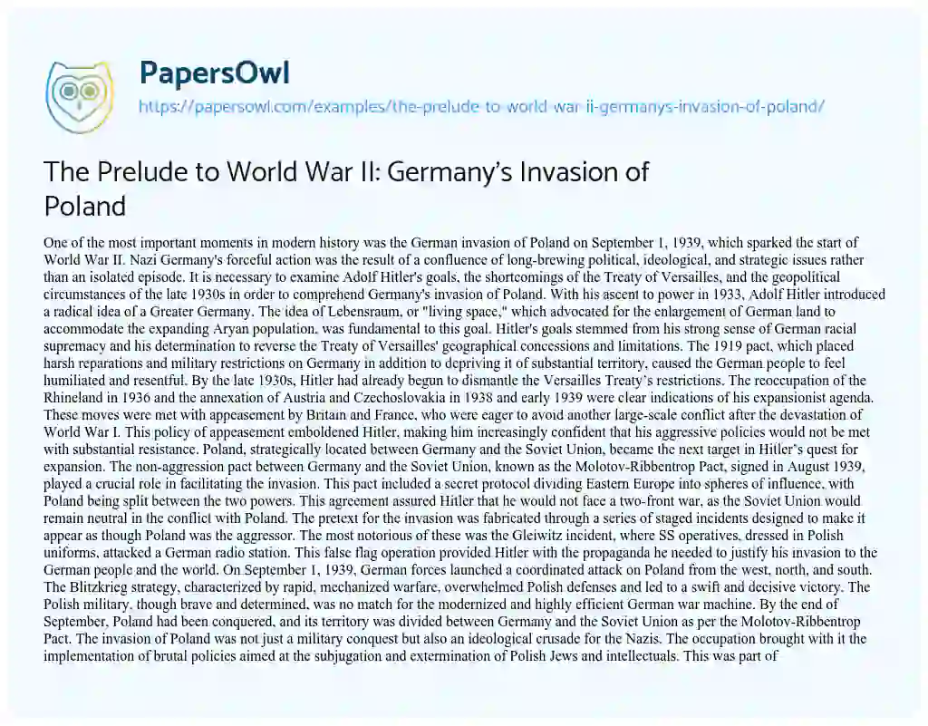 Essay on The Prelude to World War II: Germany’s Invasion of Poland