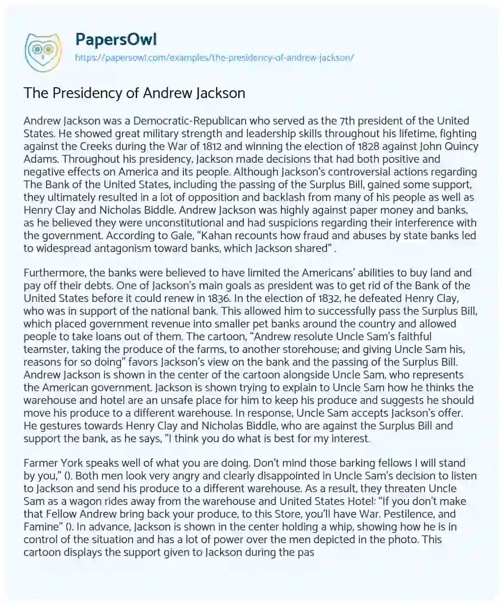 Essay on The Presidency of Andrew Jackson