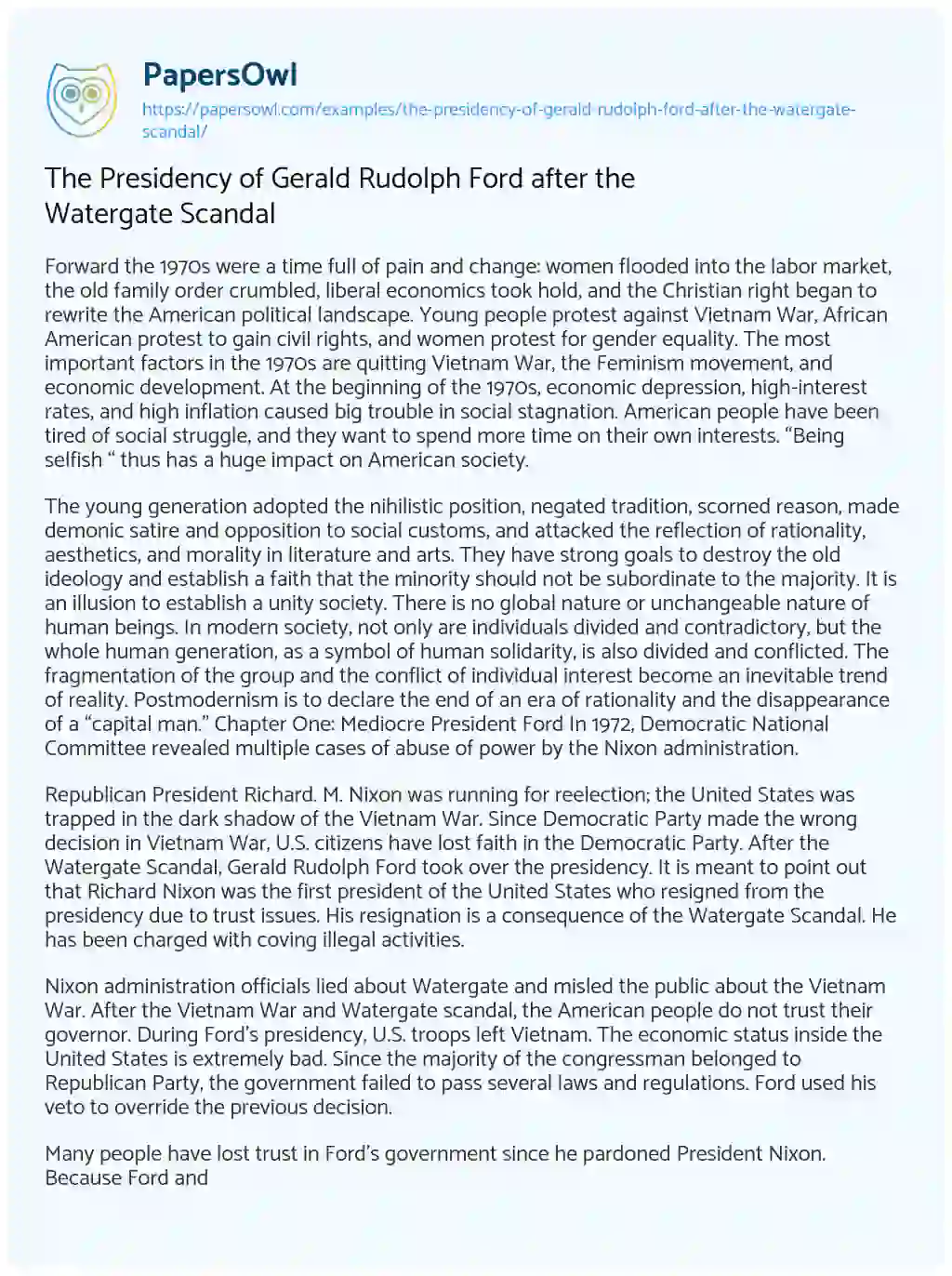 Essay on The Presidency of Gerald Rudolph Ford after the Watergate Scandal