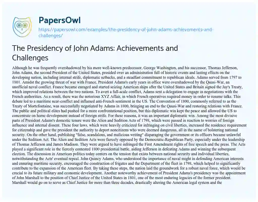 Essay on The Presidency of John Adams: Achievements and Challenges