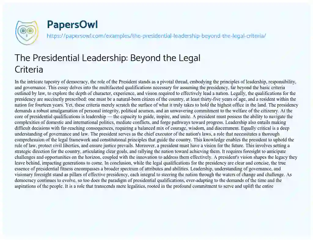 Essay on The Presidential Leadership: Beyond the Legal Criteria