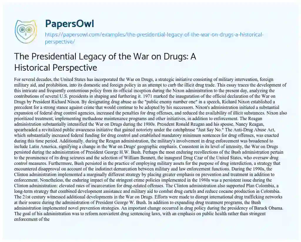 Essay on The Presidential Legacy of the War on Drugs: a Historical Perspective
