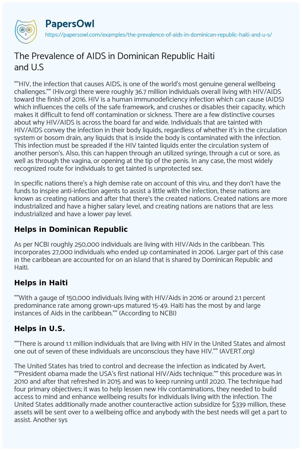 Essay on The Prevalence of AIDS in Dominican Republic Haiti and U.S