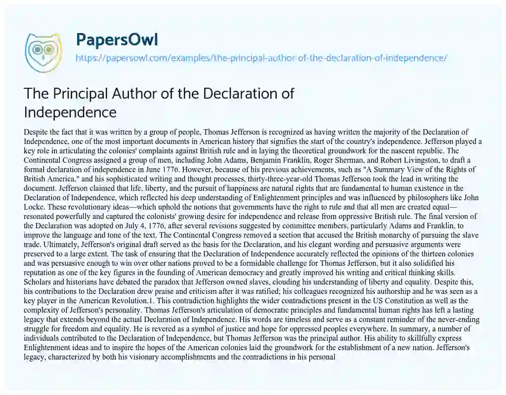 Essay on The Principal Author of the Declaration of Independence