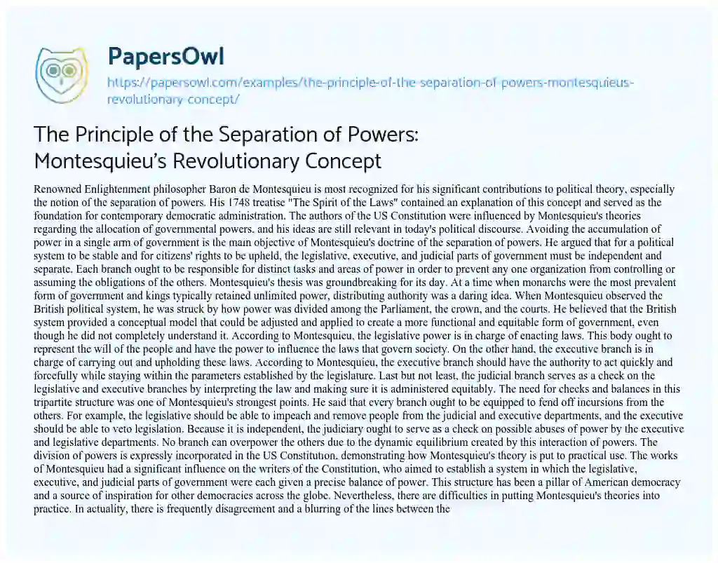 Essay on The Principle of the Separation of Powers: Montesquieu’s Revolutionary Concept