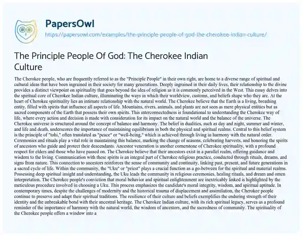 Essay on The Principle People of God: the Cherokee Indian Culture