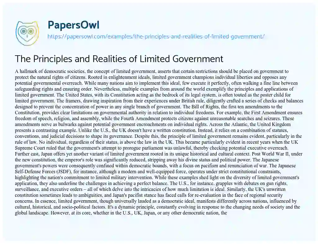 Essay on The Principles and Realities of Limited Government