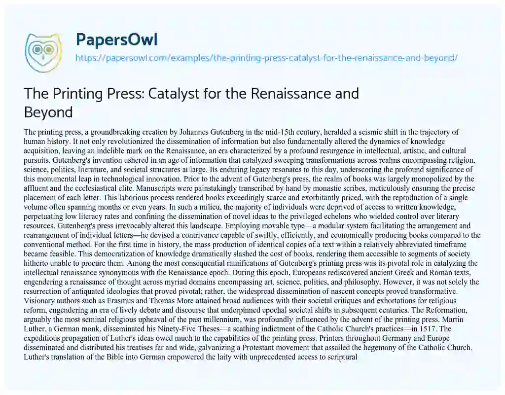 Essay on The Printing Press: Catalyst for the Renaissance and Beyond