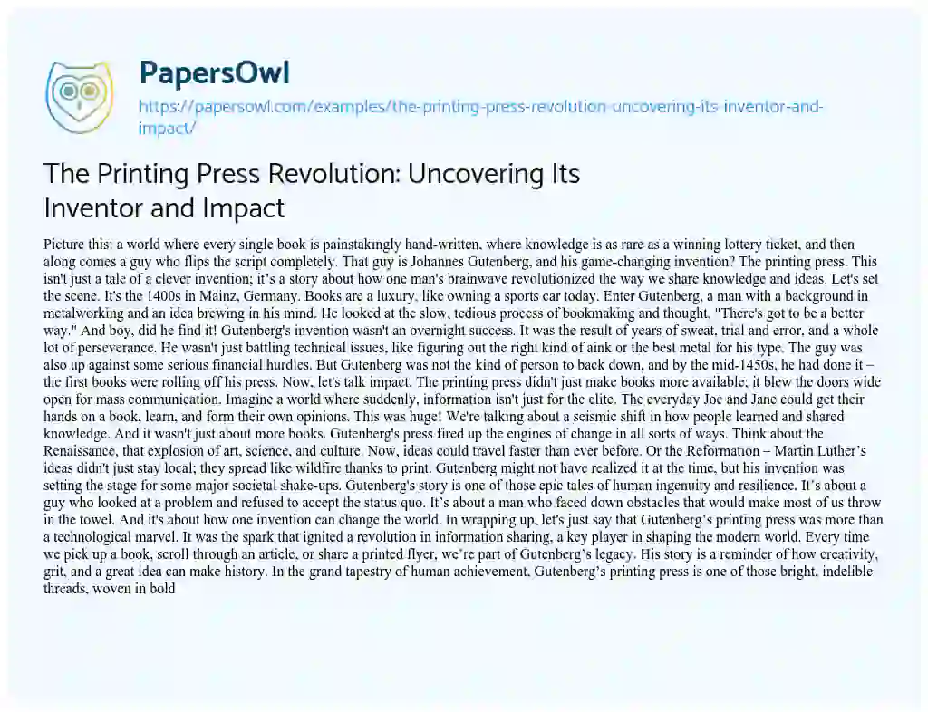Essay on The Printing Press Revolution: Uncovering its Inventor and Impact