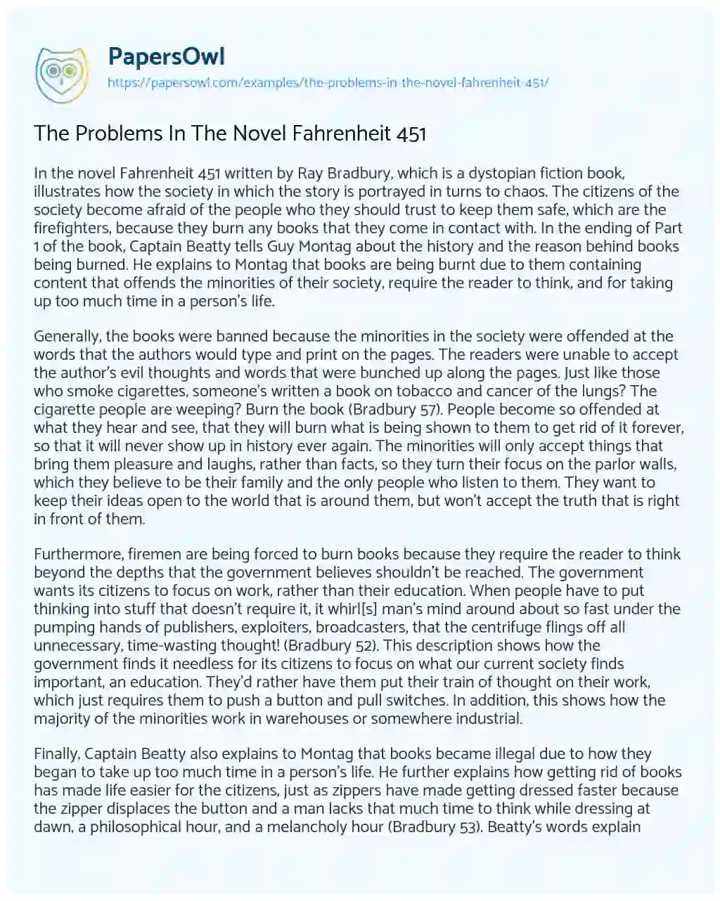 The Problems in the Novel Fahrenheit 451 essay