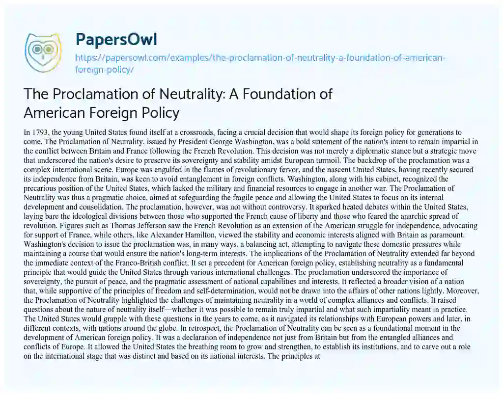 Essay on The Proclamation of Neutrality: a Foundation of American Foreign Policy
