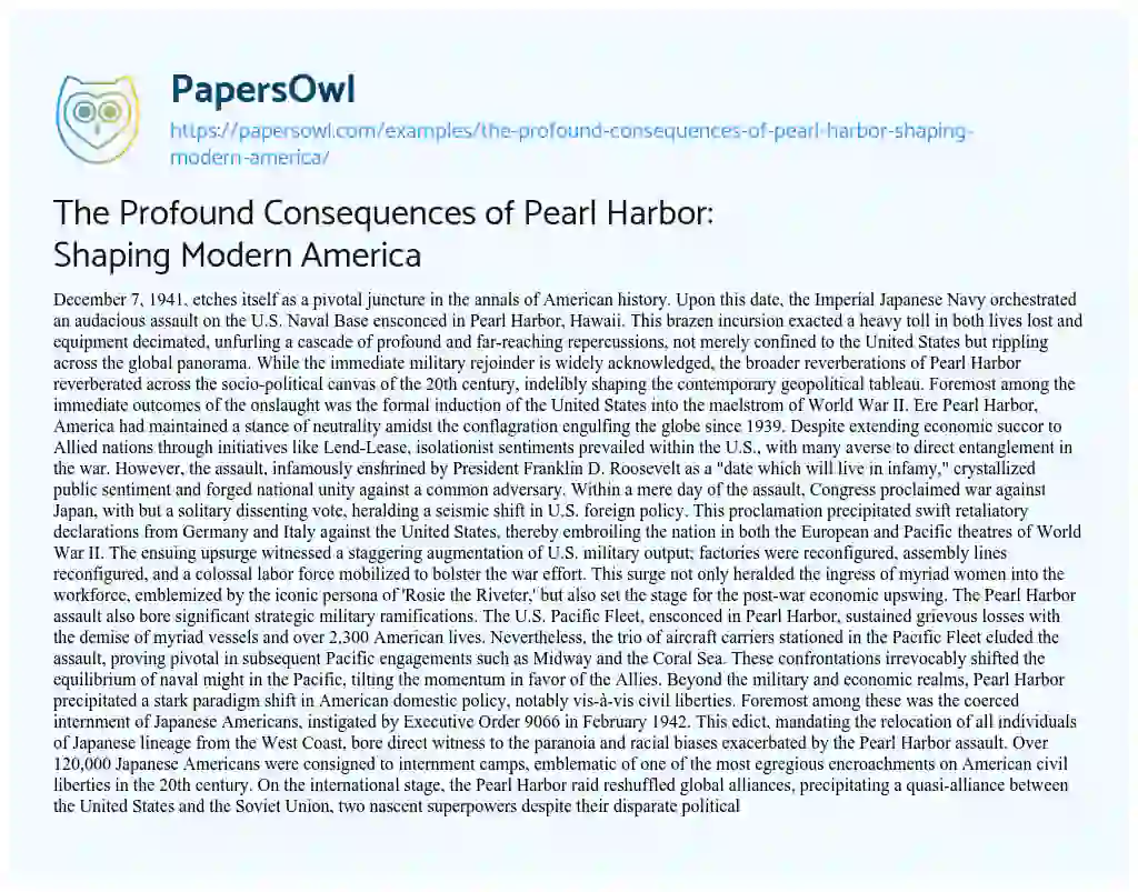 Essay on The Profound Consequences of Pearl Harbor: Shaping Modern America