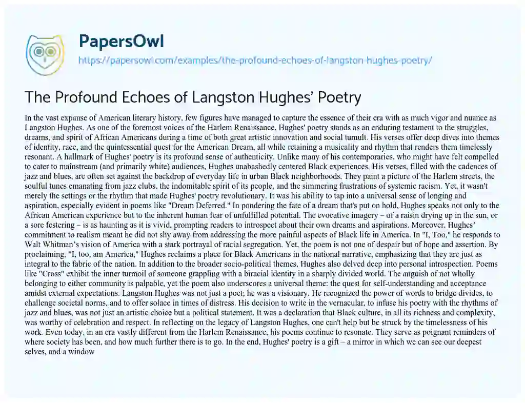 Essay on The Profound Echoes of Langston Hughes’ Poetry