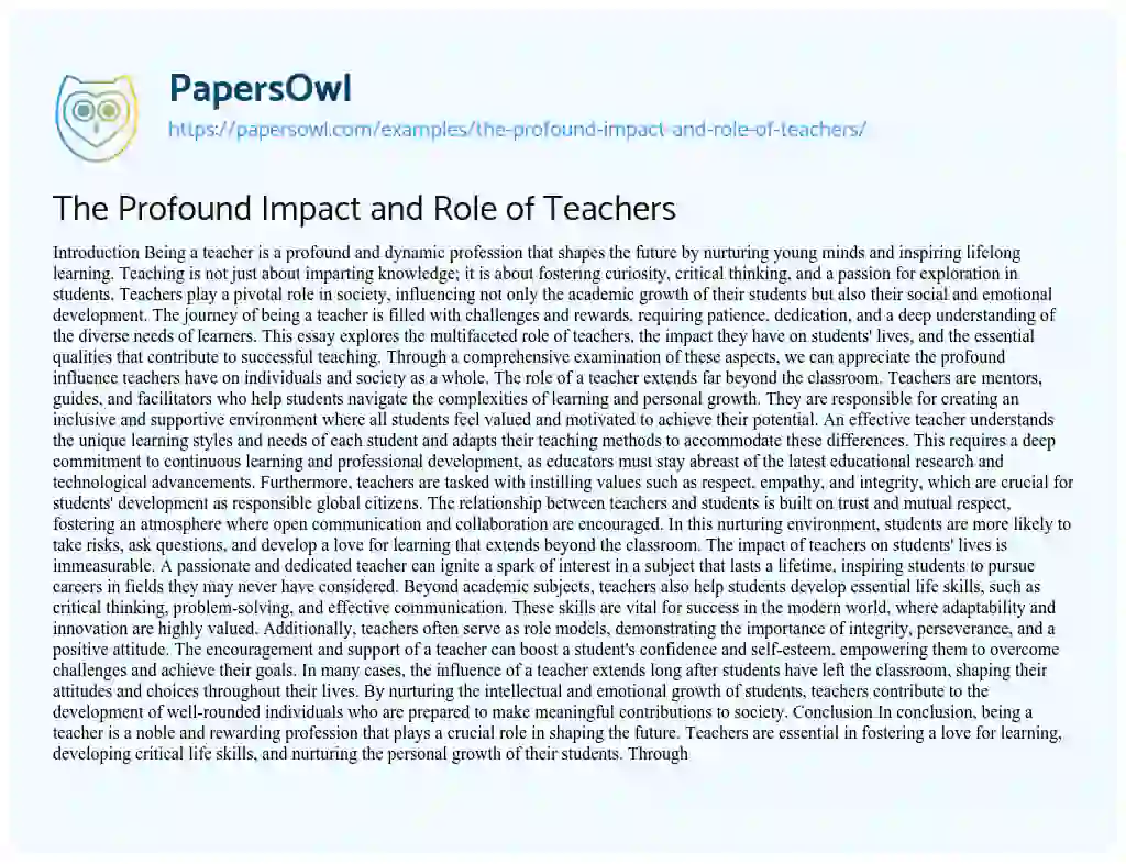 Essay on The Profound Impact and Role of Teachers
