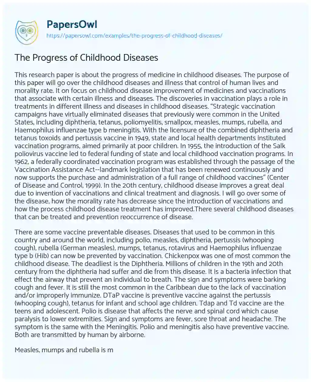 Essay on The Progress of Childhood Diseases