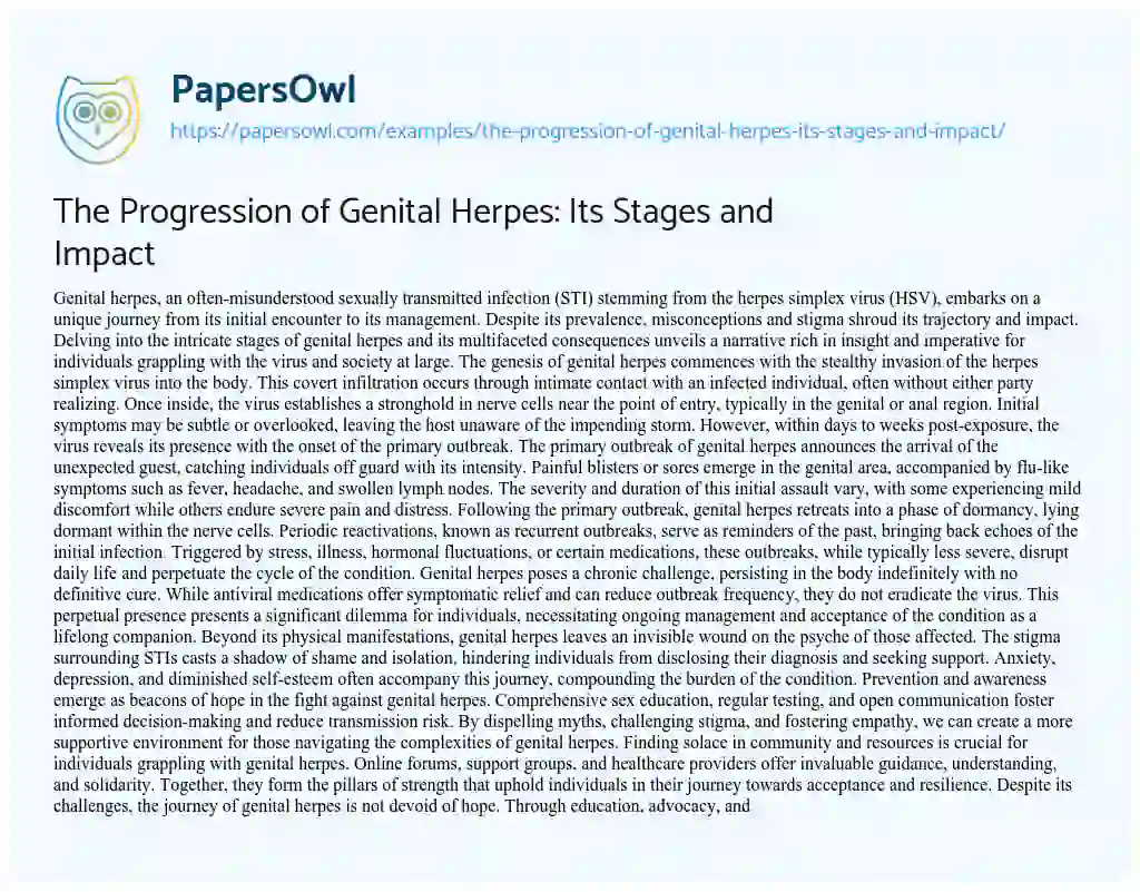 Essay on The Progression of Genital Herpes: its Stages and Impact