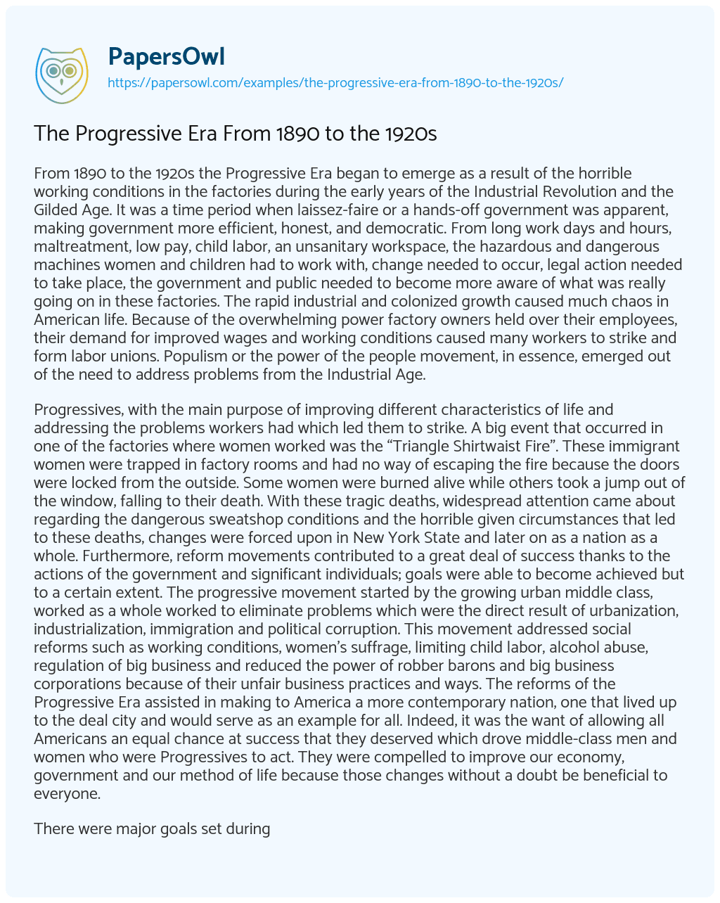 Essay on The Progressive Era from 1890 to the 1920s