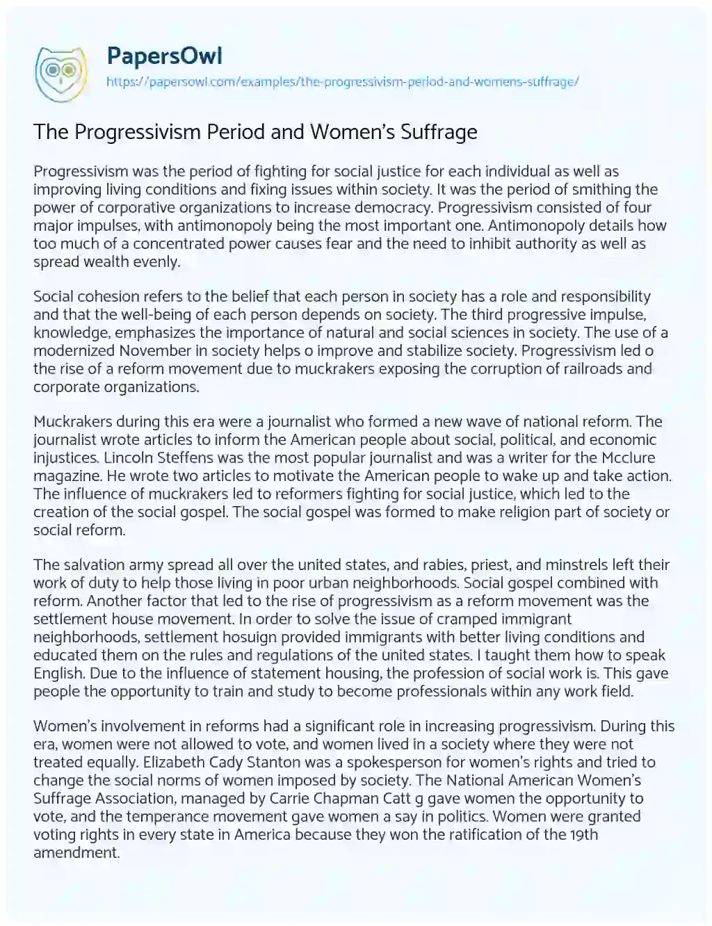 Essay on The Progressivism Period and Women’s Suffrage