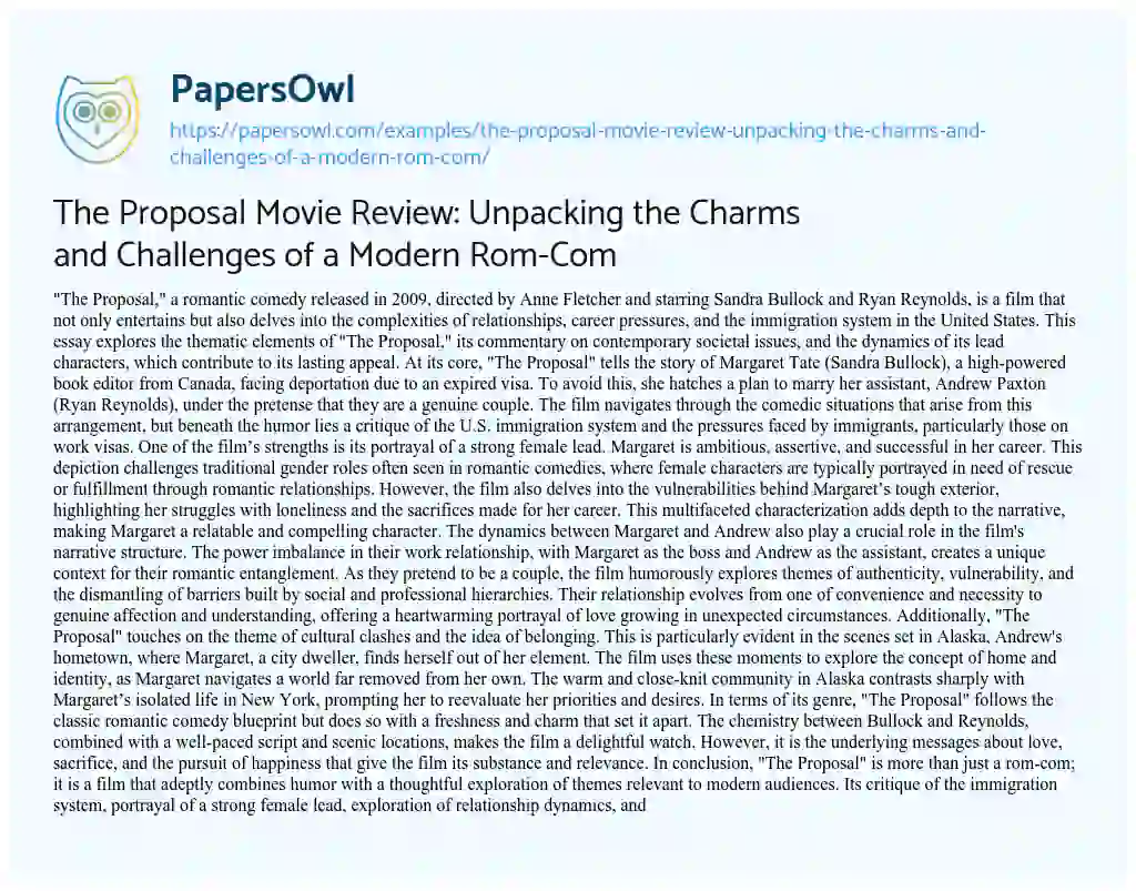 Essay on The Proposal Movie Review: Unpacking the Charms and Challenges of a Modern Rom-Com
