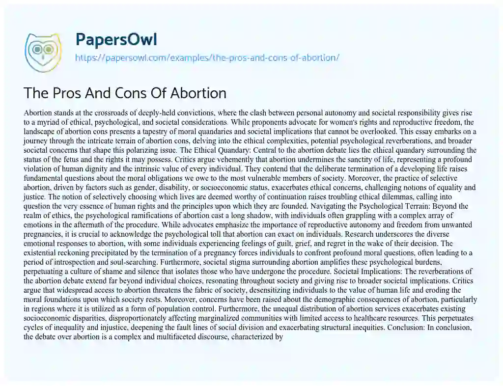 Essay on The Pros and Cons of Abortion
