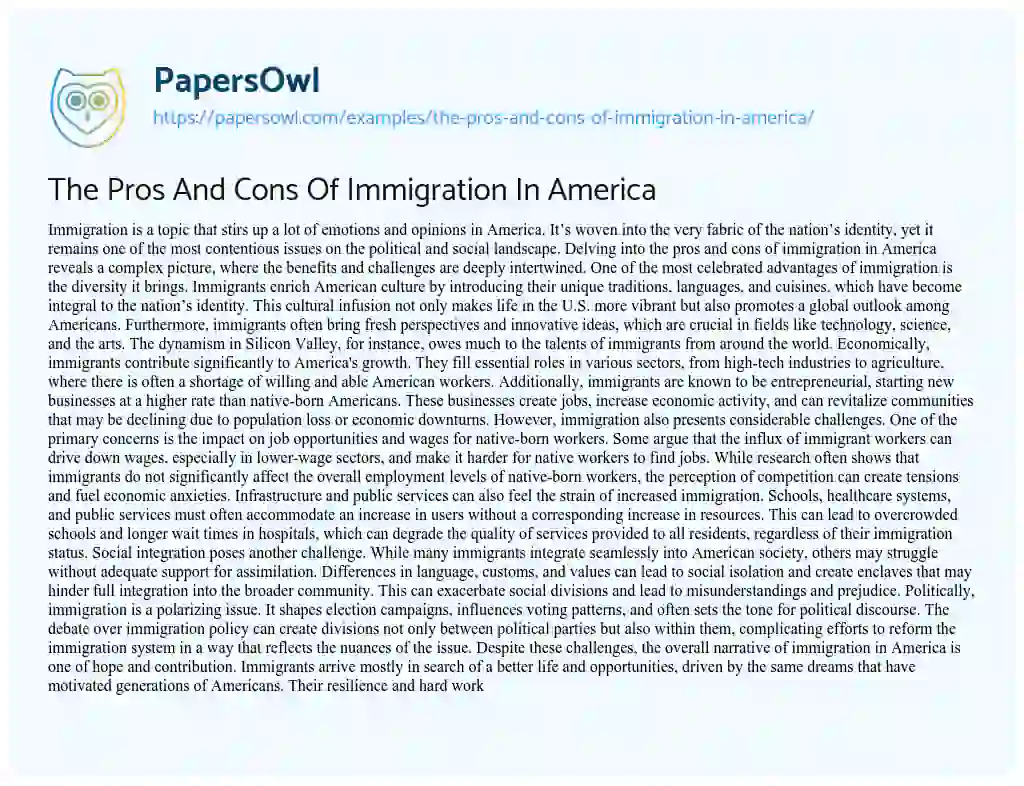 Essay on The Pros and Cons of Immigration in America
