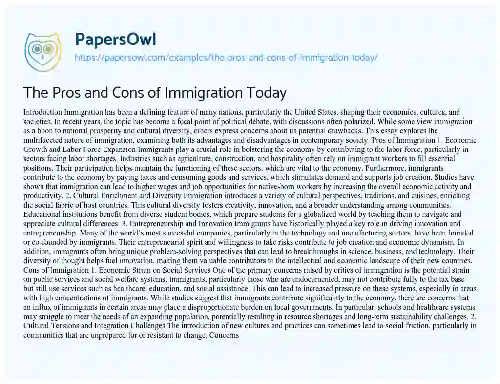 Essay on The Pros and Cons of Immigration Today