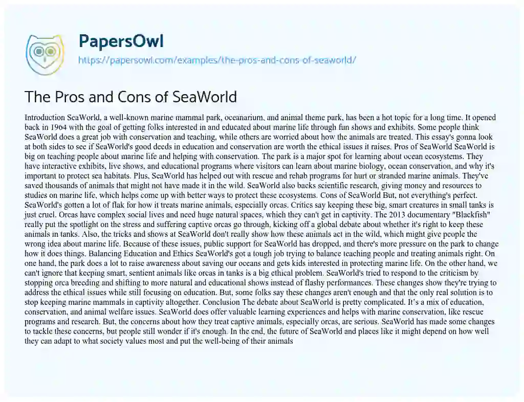 Essay on The Pros and Cons of SeaWorld