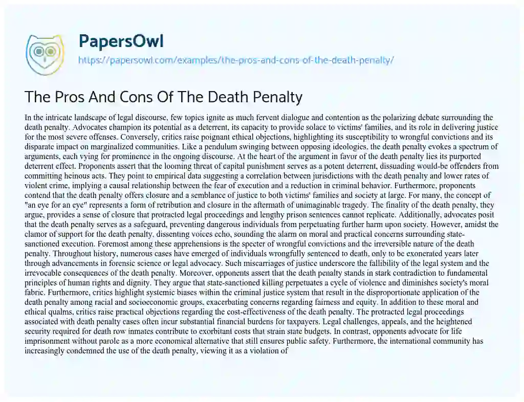 Essay on The Pros and Cons of the Death Penalty